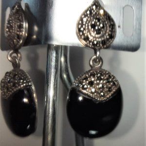 Retro 1920's Style Dangle Post Art Deco Marcasite Black Earrings